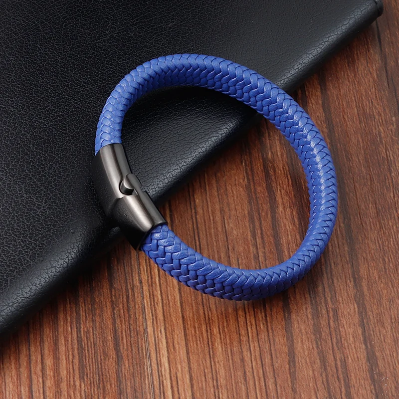 New Free Custom Name Blue/red leather Simple Charm Business Men Stainless Steel Leather Braided Bracelet Bagnet Lock Bangle - Image 5