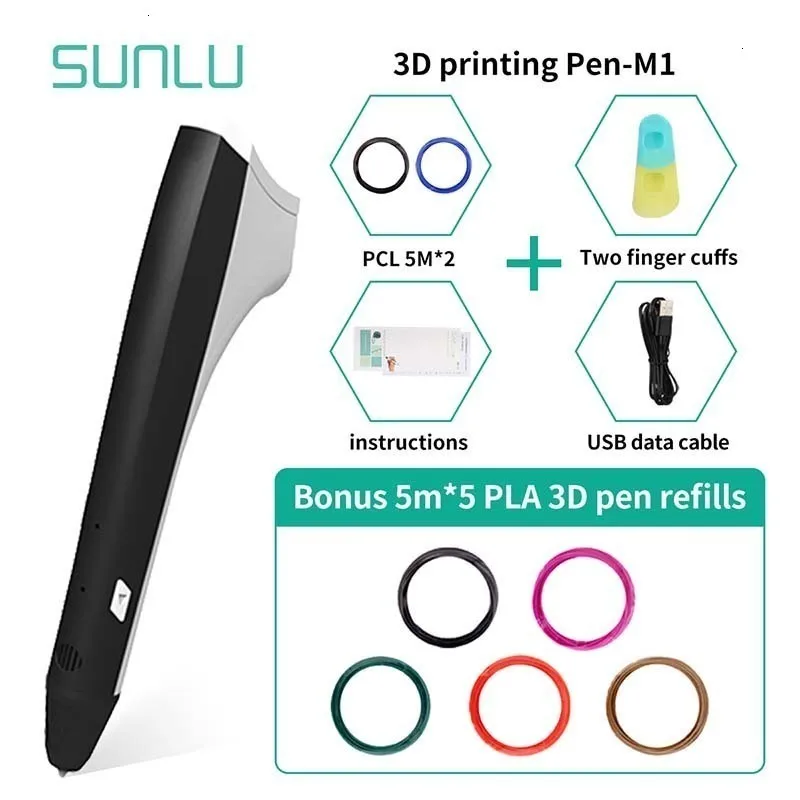 SUNLU Prince M1 3D печать Ручка для детей Исследуйте интеллект гаджет Черный цвет 3D печать Ручка Поддержка PLA/PCL нити