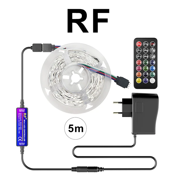 5M RF RGB светодиодный светильник 2835 5 м 10 м без водонепроницаемости светодиодный s Лента Диодная лента светодиодный контроллер лампы AC 220 В DC 12 В комплект адаптеров - Испускаемый цвет: 5M RF