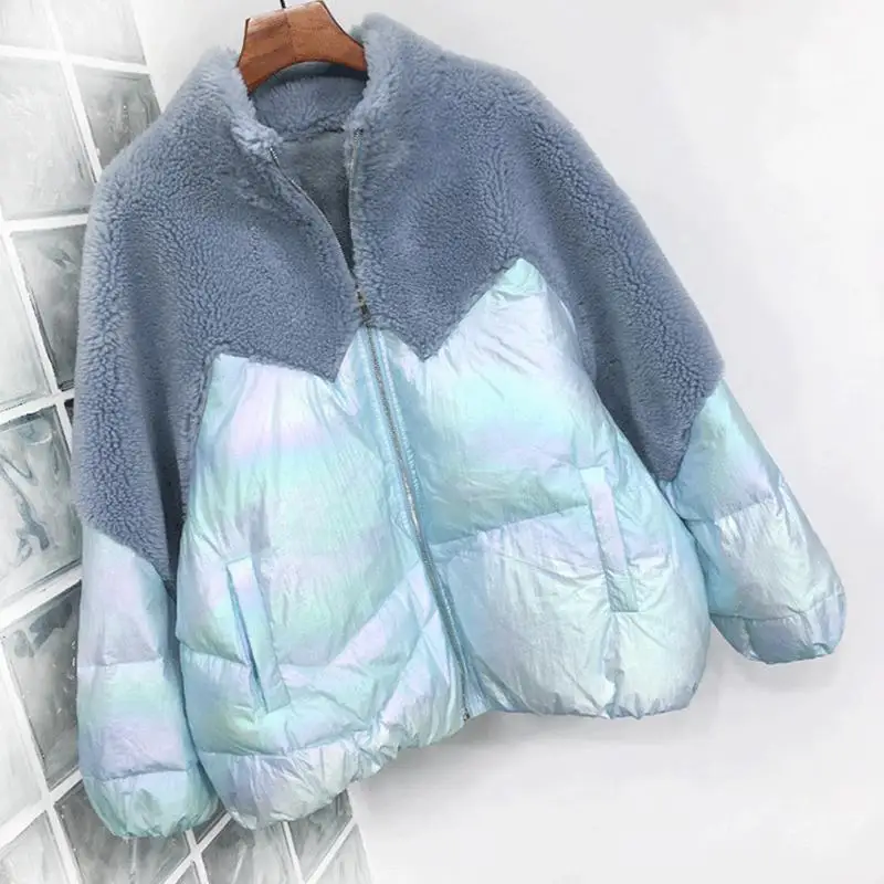 FTLZZ зимняя куртка-пуховик из белого утиного пуха Женская Лоскутная парка из овечьей шерсти с яркими боковыми пухом женская утепленная короткая куртка - Color: Blue