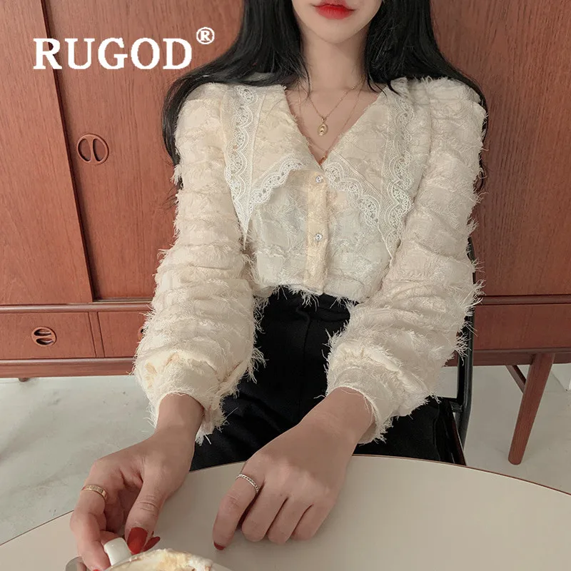RUGOD Весенняя Кружевная блуза с пышными рукавами, женские блузки с длинным рукавом, элегантный топ, корейская модная одежда, женские рубашки, милая рубашка