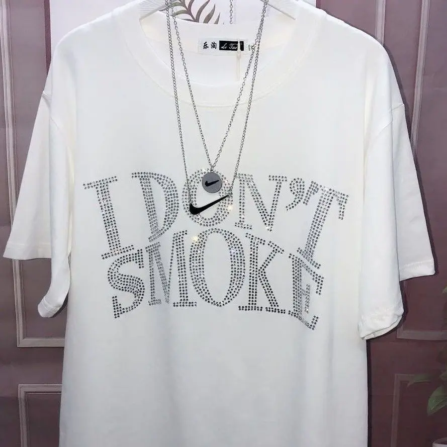 Rhinestone printing DONT SMOKE T-shirt couple men and women all-match three-dimensional logo printing short-sleeved street tide white t shirt for men