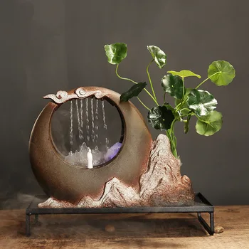 

Rockery Wonderland with White Porcelain Figure Desktop Fountain, Zen Meditation Waterfall, Table Water Fountain with Planter