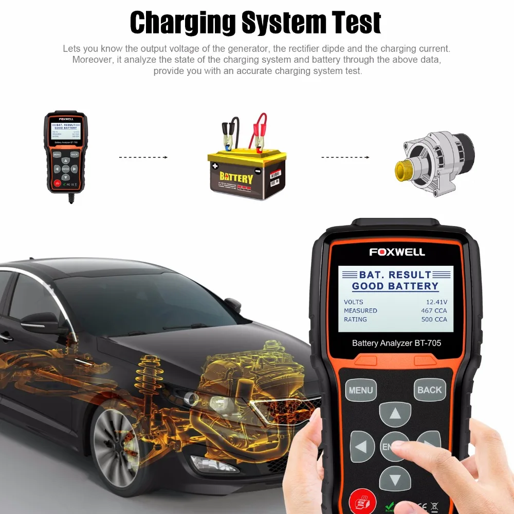 Foxwell BT705 12 В и 24 В анализатор батареи тестер для автомобилей Батарея AGM плоская пластина, AGM спиральные гелевые батареи Автомобильный Аккумулятор инструмент