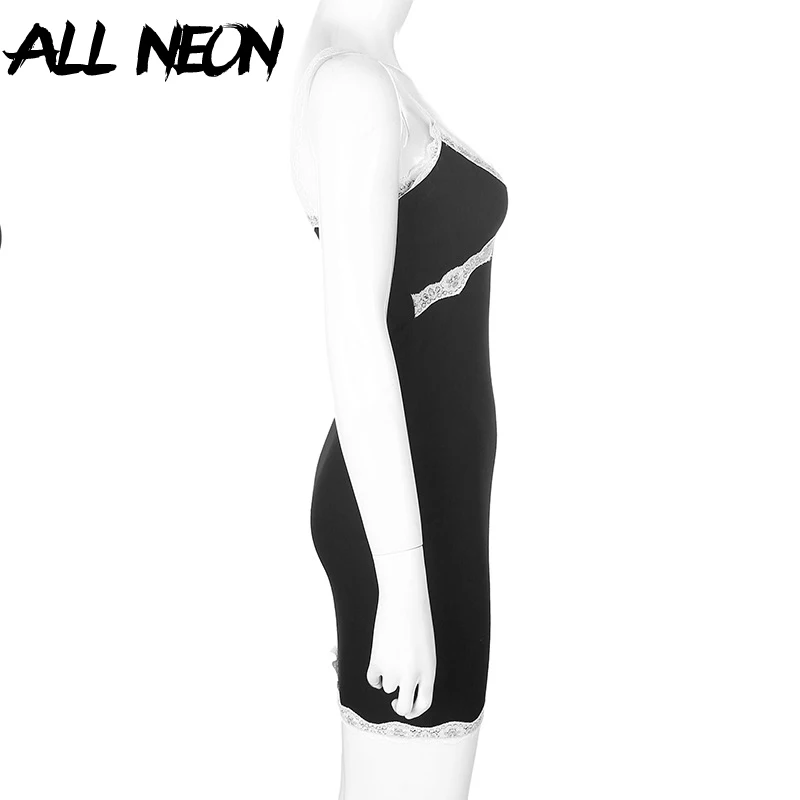 ALLNeon E-girl Y2K Spaghetti Strap V-neck Black Camis Dresses 90s Vintage Chic Criss-cross with Lace Ribbed Mini Party Dress