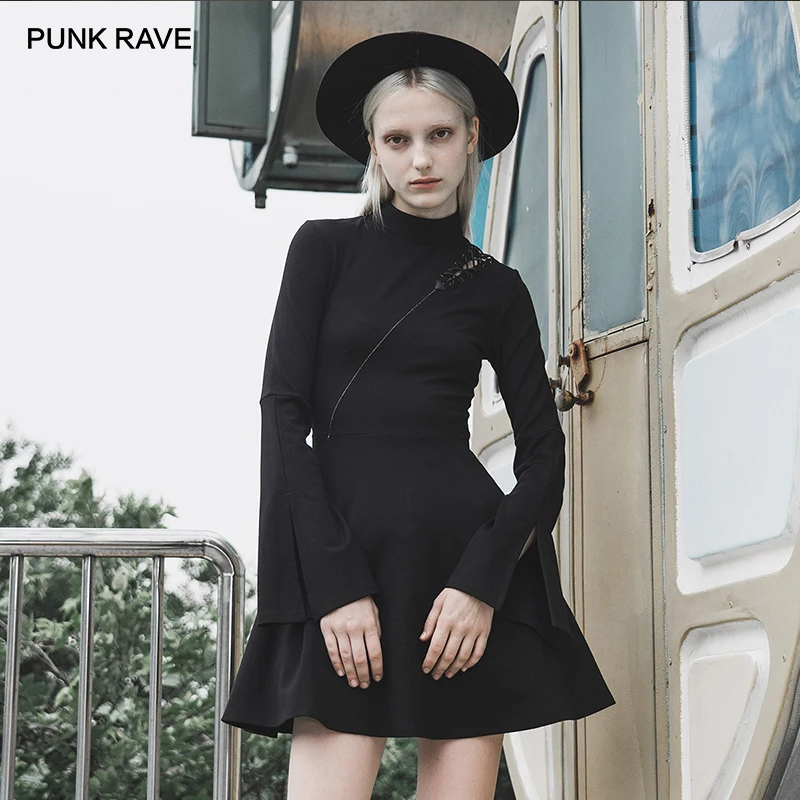 

PUNK RAVE Girl's New Turtleneck Asymmetry Punk Dress Personality Slim Black Split Gothic Daily Knit Black Dress Women Dress