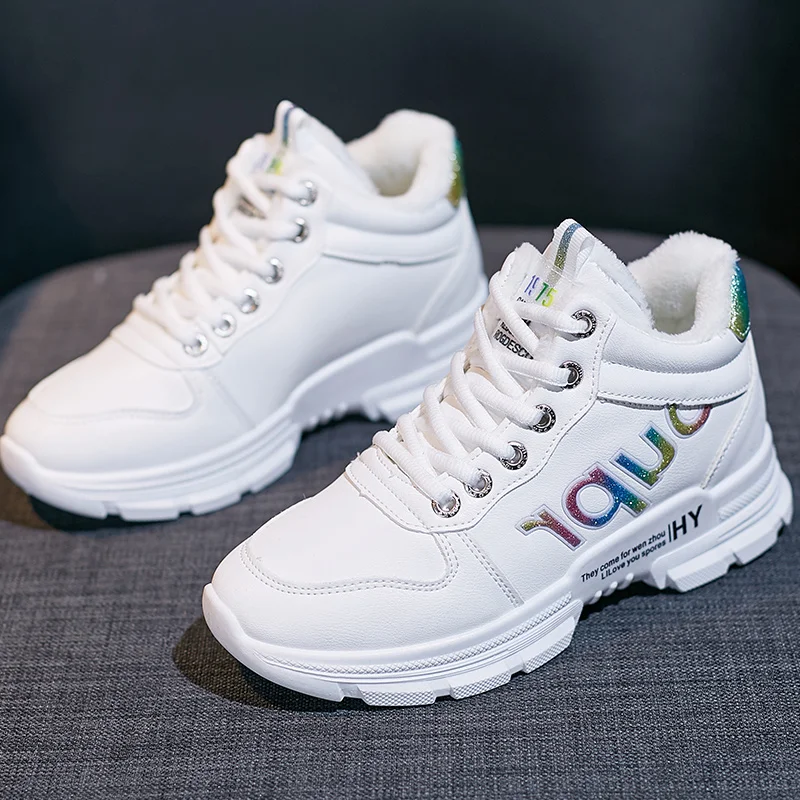 Women's Sneakers Winter Plush Warm Shoes Women Leather Shoes Female Shoe Leisure Platform Flats Height Increasing Tenis Feminino
