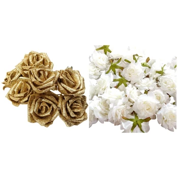 

7Pcs Foam Glitter Artificial Rose Decor, Gold & 10PCS Artificial Flowers Head 10 cm