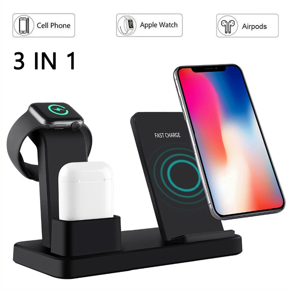 New 3 IN 1 QI Wireless Charger Stand for Apple Watch 2 4 AirPods iPhone X 8 8Plus XS 11 Pro Max XR Fast Charging Base | Мобильные