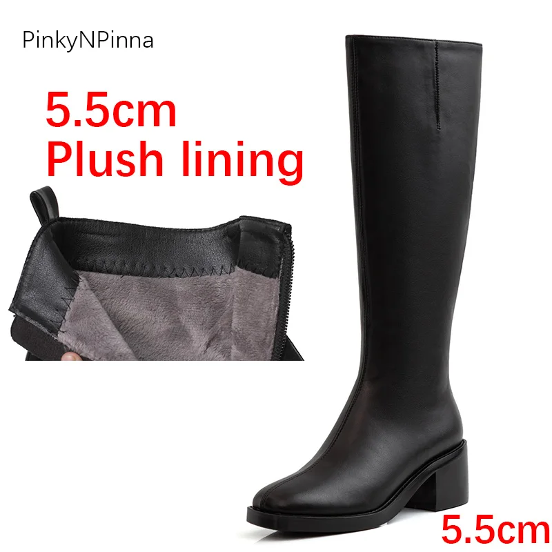 5.5cmBlackPlush Женские зимние высокие сапоги из натуральной кожи; сапоги до середины икры в стиле милитари; Уличная обувь в западном стиле для верховой езды на молнии с подкладкой из плюша; винтажные сапоги на не сужающемся книзу массивном каблуке - Цвет: 5.5cmBlackPlush
