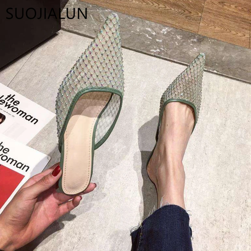 

SUOJIALUN Women Spring Mules Sandals Sexy Rhinestone Mesh Slipper Ladies Pointed Toe Slides Low Heel Party Dress Pumps Shoes