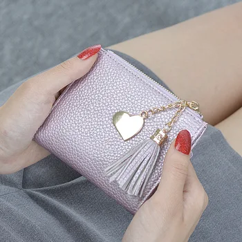 

Women's Short Wallet Pearly Lustre Zip Cute Student Heart Ultra-Thin Leather Wallet Zip Tassel Mini Purse