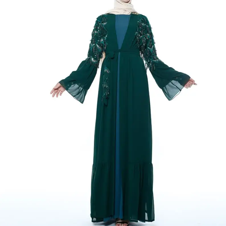 Dark green cardigan Блесток кисточкой открытый абайя Турция кимоно Дубайский Мусульманский платье хиджаб восточный женский халат для женщин Caftan одеяние мусульмане Femme Исламская одежда - Цвет: Dark green cardigan