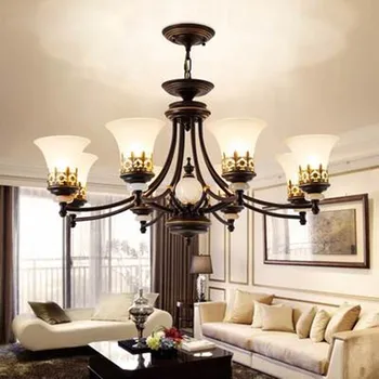 

American Vintage Chandeliers For Living Room Decoration Home Lighting E27 Led Lamp Black Wrought Iron White Glass Lampshade