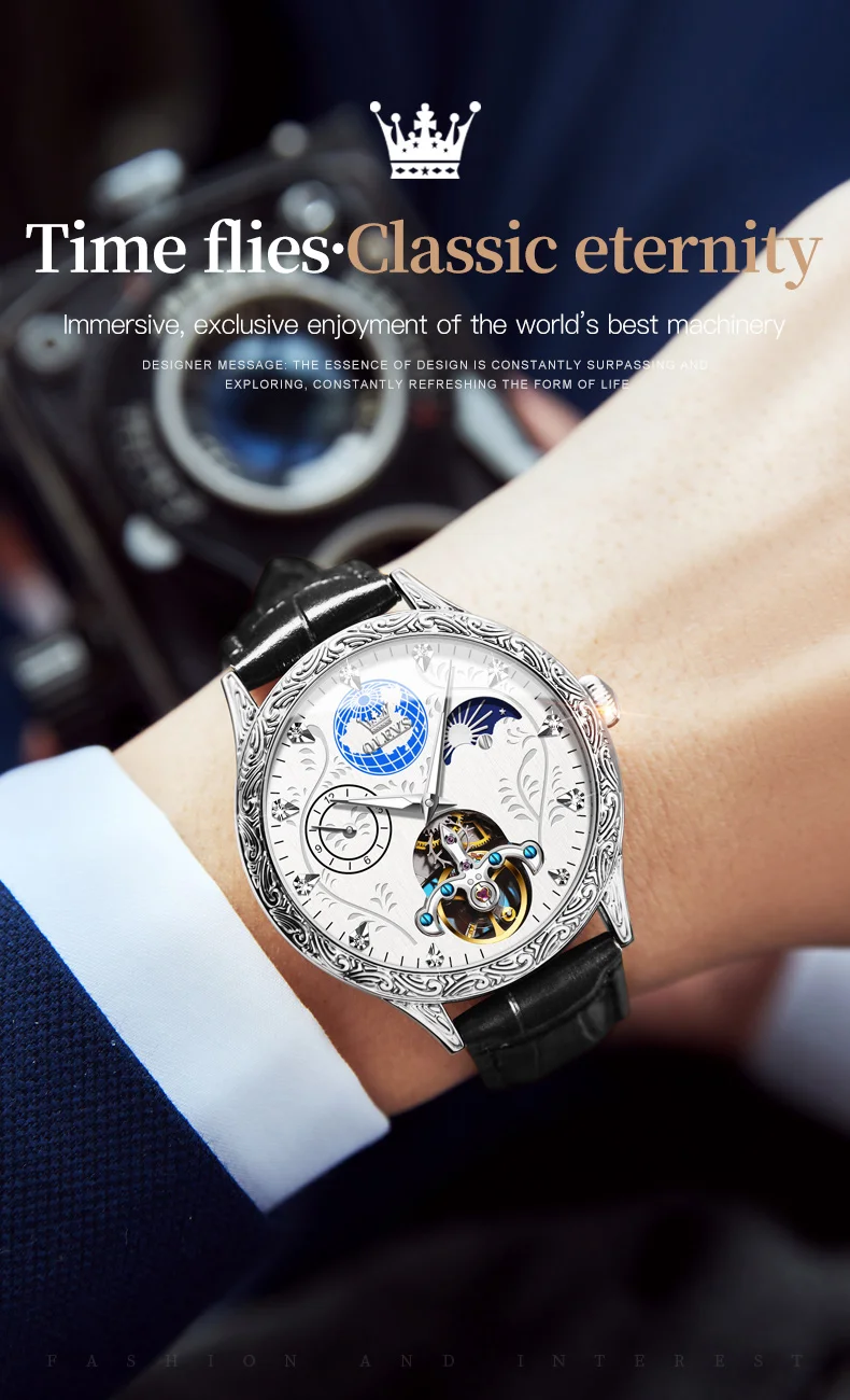 OLEVS Luxury Men's Automatic Watches Mechanical Wristwatch Waterproof Leather Strap Luminous Hollow Out Skeleton Watches For Men