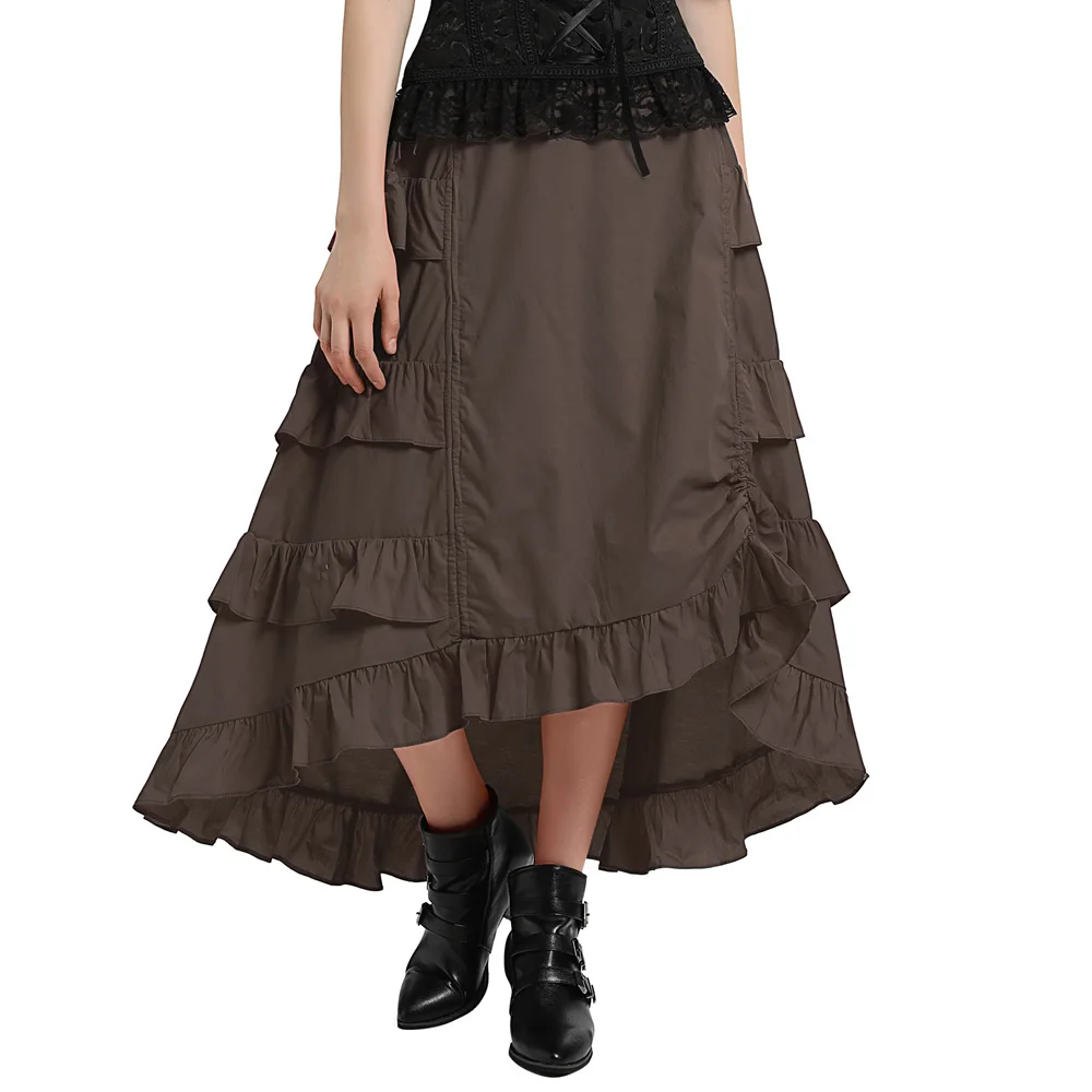 Женская юбка размера плюс в викторианском стиле, готика, стимпанк, Сексуальные вечерние, черные, с оборками, Ретро стиль, высокая талия, высокая низкая юбка, стиль