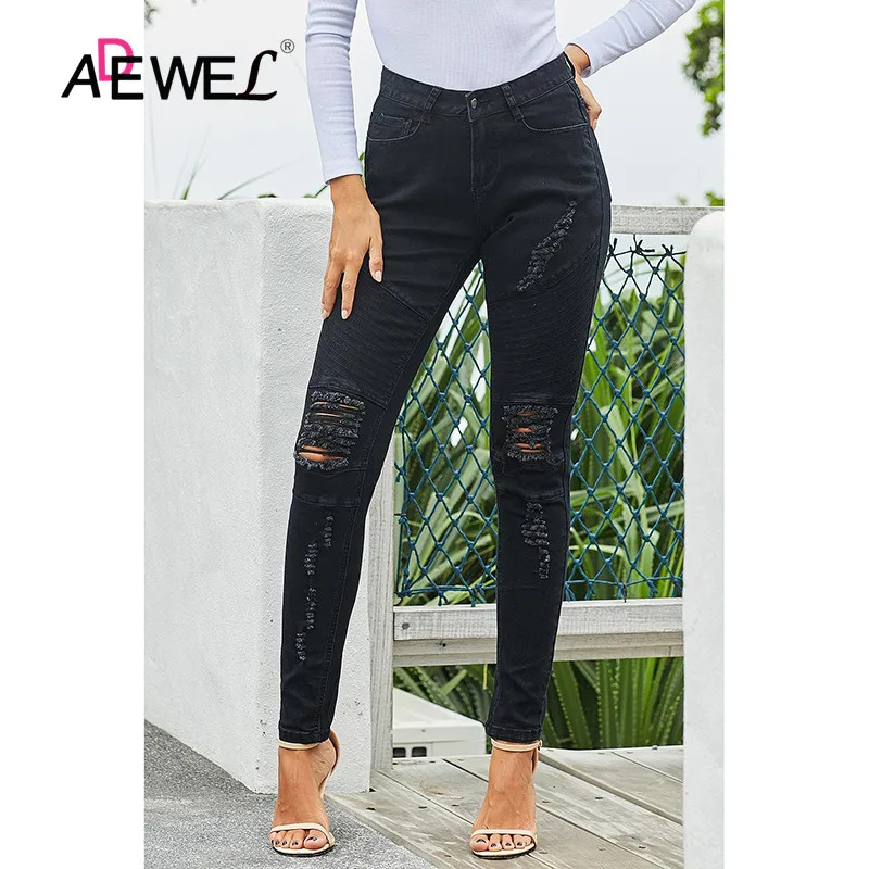 ADEWEL Черные Стильные рваные хлопковые джинсовые штаны новые черные джинсы обтягивающие рваные джинсы сексуальные женские джинсы женские брюки