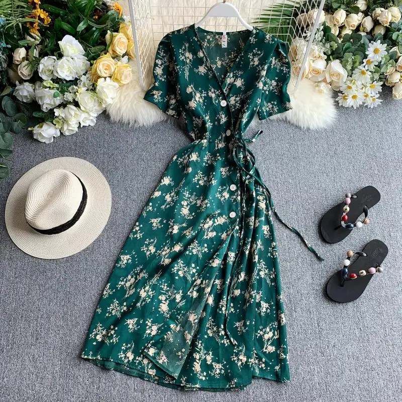 

2019 new fashion women's French dress summer strap temperament buckled floral dress