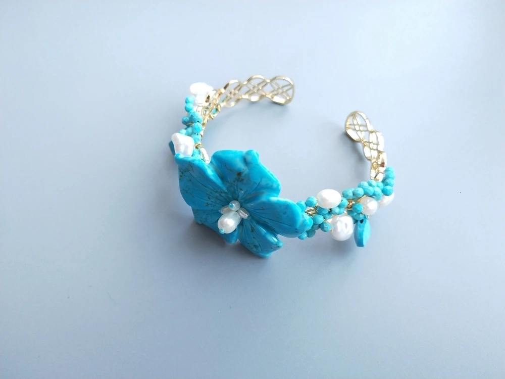 LiiJi голубой бирюзовый браслет из пресноводного жемчуга Howlite ювелирные изделия ручной работы открытый браслет для женщин подарок прямая поставка