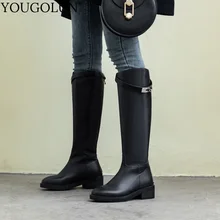 Сапоги до колена из натуральной кожи; женская зимняя обувь на среднем каблуке; женские ботинки с круглым носком; женские мотоциклетные ботинки на молнии с пряжкой; Цвет Черный; A374