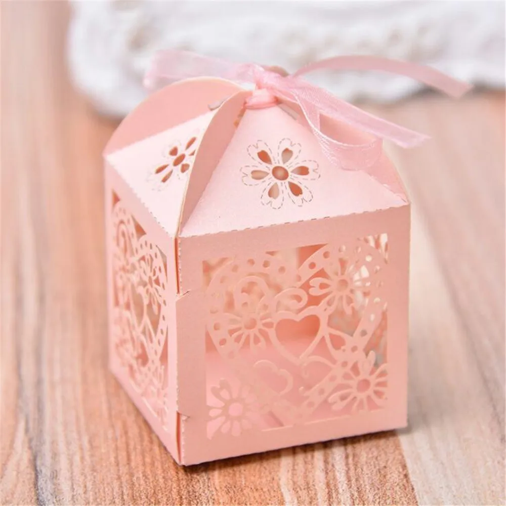  Promotion Heart Design Lase Cut Wedding Sweets Candy Gift Packing Boxes With Ribbon Table Decoratio