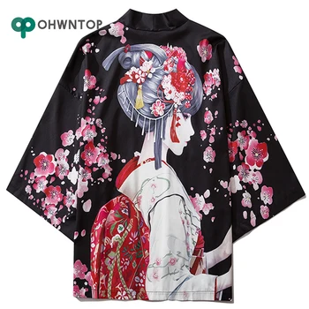 

Japanese Geisha Cartoon Print Japanese Style Kimono Cardigan Haori Jackets Streetwear Casual Open Front Coats Hip Hop Jacket Men