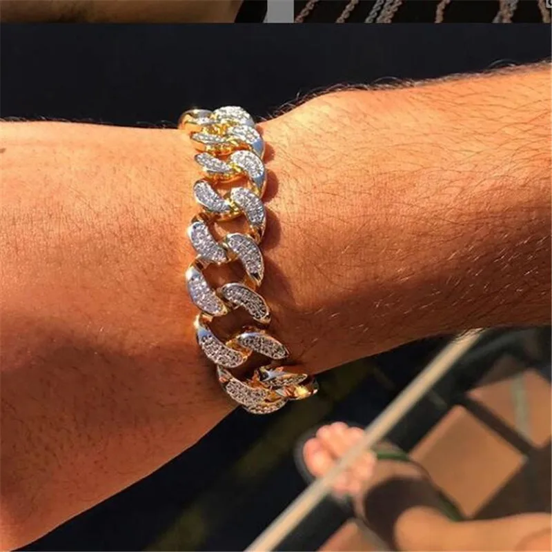 Полный AAA стразы, Bling, кубинская цепочка, Iced Out, мужской браслет, циркон, проложили, золото, серебро, браслеты для мужчин, хип-хоп ювелирные изделия