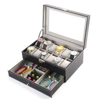 

watch case black carbon leather jewel double case earrings holder glasses storage box for women and men
