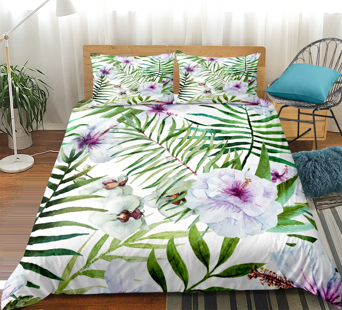 Комплект постельного белья с цветами листья набор пододеяльников тропические растения домашний текстиль 3 предмета Красный Зеленый Белый постельное белье