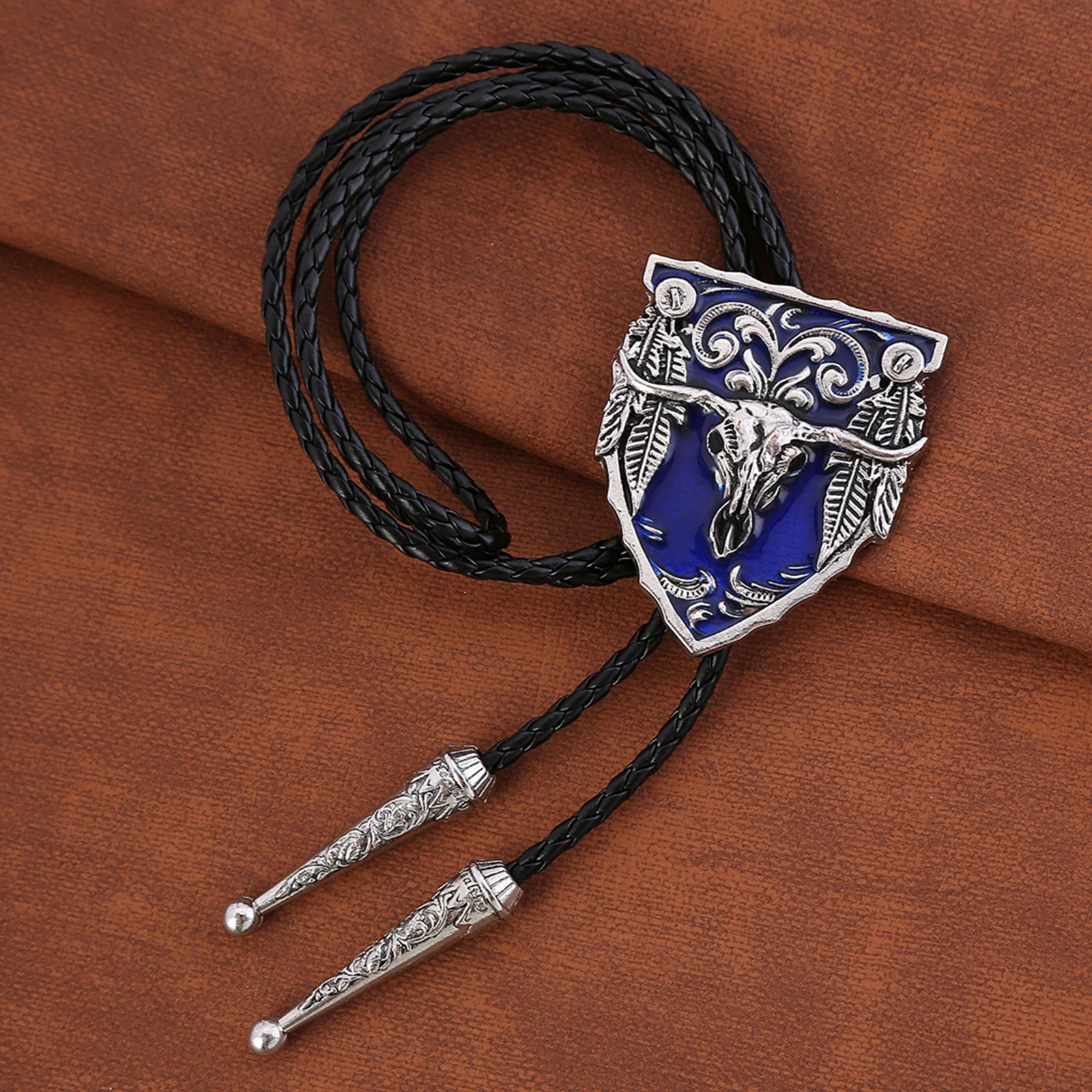Bull Head  Men Bolo Tie Wedding Necklace PU Leather Rope Western Cowboy
