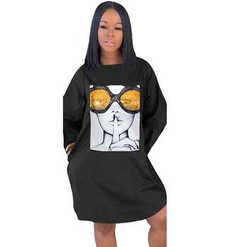 

Long Sleeve T Shirt Dress Women Character Print Loose Casual Dress Summer Streetwear Sequin Knee Length Oversized T Shirt Dress
