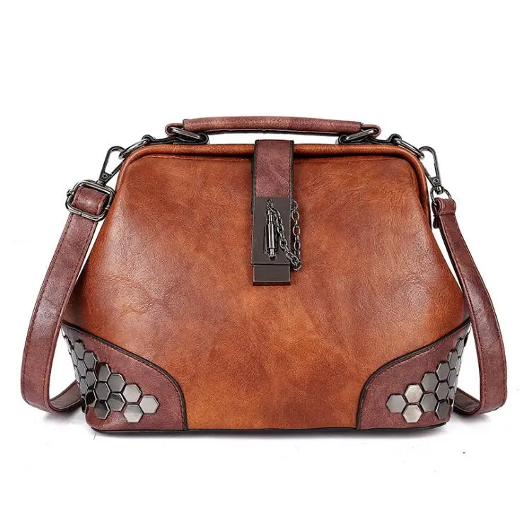 

Fashion Women Handbags New Women Lock Chain Rivets Vintage Pu Leather Crossbody Shoulder Bag Ladies Doctor Bags Female Totes