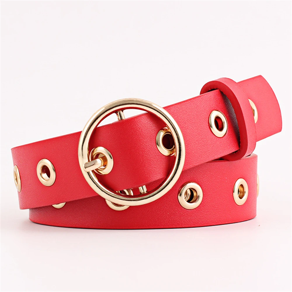 RAINIE SEAN Women Belt Round Buckle Fashion Leather Belt for Women Black Pink White Blue Red Ladies Accessories Belts