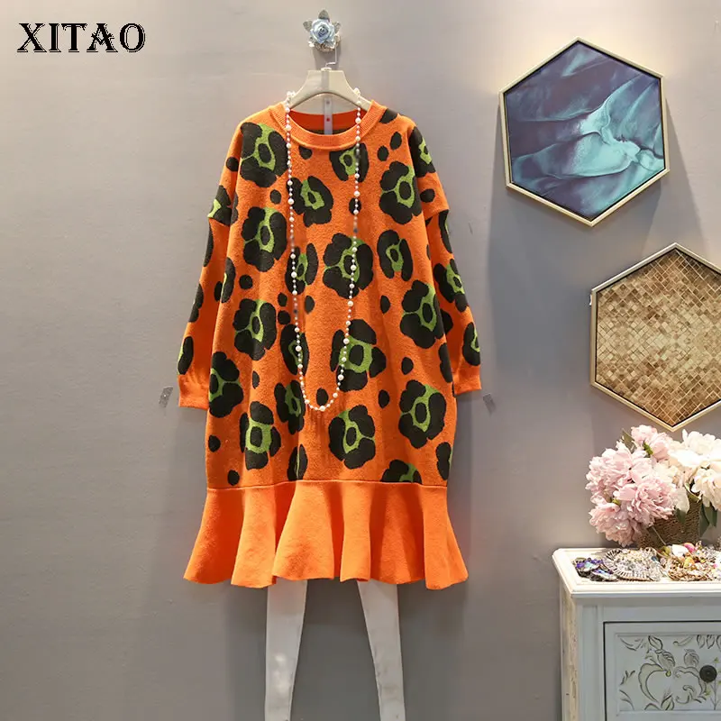 

XITAO Trend Pattern Fishtail Hem Women Dress Korean Style Plus Size Knitwear Ladies Dresses Autumn Winter Clothes Women XJ2277