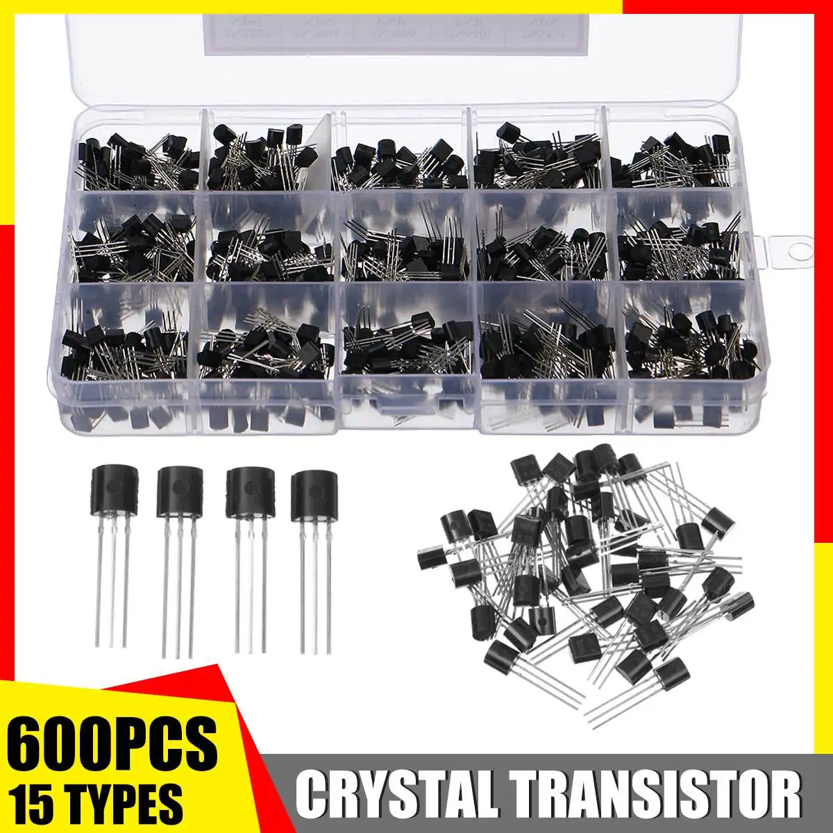 600Pcs 15 Types Silicon In-line NPN / PNP TO-92 Transistor Assortment Kit Pack Electronic Components & Supplies Active Component afbeelding