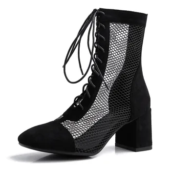 

Sexy Cross-Tied Fashion Ankle Boots Suede Comfortable Pointed Toe High Heels Solid Color Classics Net Yarn Women Shoes Botas