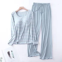 Autumn Modal Pajamas Sets Women Padded Top Long Sleeve O-neck T-Shirt All Match Tee Long  Homewear Striped