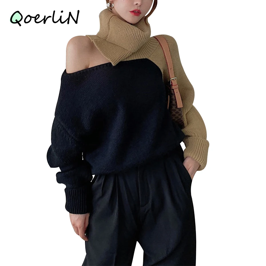 

4 Wear Style Turtleneck Pullover Sweater Winter Retro Japanese Stitch One-Neck/Off Shoulder Knit Top Chic Street wear Knitwear