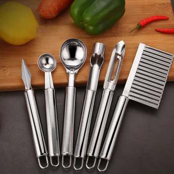 

6pcs/set Stainless Steel Kitchen Tool Set Fruit Knife Corer Carving Knife Watermelon Digging Ball Spoon Potato Peeler