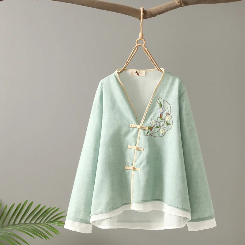 Chinese Style Plate Buckle Double Layer Cotton And Linen Shirt Women's Autumn 2021 New V-neck Embroidered Blouses Tops | Женская