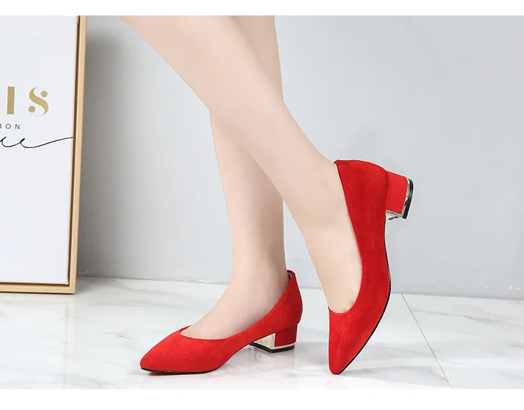 Big Size 34-43 Women Suede Leather Shoes 3.5CM High Heels Ladies Dress Work Shoes Slip On Pumps Woman Square Heels Wedding Shoes