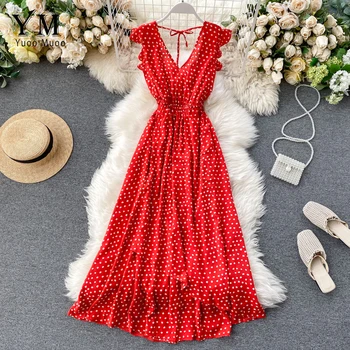 

YuooMuoo New 2020 Fashion V Neck Polka Dot Summer Dress Women Holiday Red Backless Long Dress Elastic Waist Maxi Beach Dress