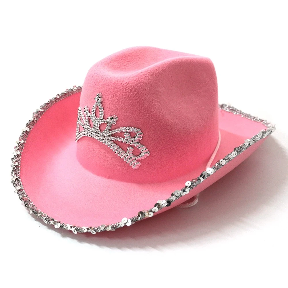 mens fedora Winter Women Crown Western Cowboy Hat Feather Hat Headdress Sequins Hemming Pink Western Cowboy Hat Ladies decorate Hat fedora hats for sale