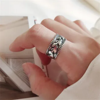 

New Retro Temperament Leaf 925 Sterling Silver Jewelry Personality Wide Thai Silver Embossed Olive Leaf Opening Rings SR497