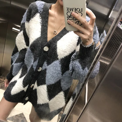 Navy Blue YAMDI зима осень весна утолщенный вязаный открытый стежок джемпер женский Повседневный однобортный женский свитер кардиган с v-образным вырезом - Цвет: Navy Blue