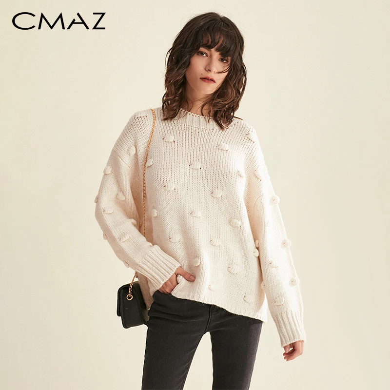 

CMAZ Autumn Winter Fashion Soild Sweater For Women Causal Around Neck Long Sleeve White Knitting Sweater Tops MX18D5403