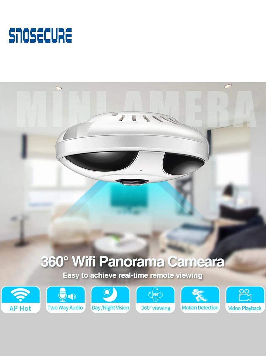 SNOSECURE 360 градусов двухсторонняя аудио панорамная 1.3MP рыбий глаз Беспроводная Смарт ip-камера Домашняя безопасность SNOSECURE 360 градусов двухсторонняя аудио панорамная 1.3MP рыбий глаз Беспроводная Смарт ip-камера Домашняя безопасность