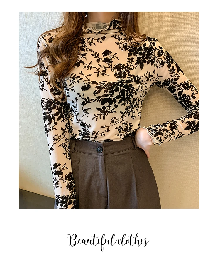 Korean Fashion Mesh Women Blouses Office Lady Shirt and Blouse Long Sleeve Floral Blusas Largas Loose Womens Sexy Tops