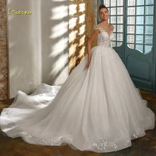 Loverxu бальное платье с глубоким декольте, блестящие свадебные платья, Аппликации, бисероплетение, короткий рукав, платье для невесты без спинки, часовня, шлейф, свадебные платья