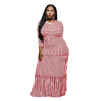 

Fashion Maxi Dresses Plus-size Women Round Neck Striped Big-swing Dress Female Loose Casual Elegant Party Night Spring Autumn